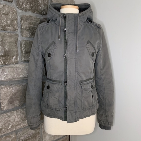 TNA Grey Green Hooded Zip Up Platoon Jacket With Buttons & Cinch Waist Sz Small - Picture 2 of 8